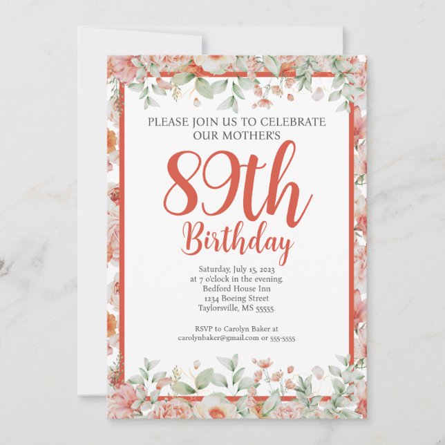 Invitation Aquarelle féminine Floral 89e fête d'anniversaire (Devant)