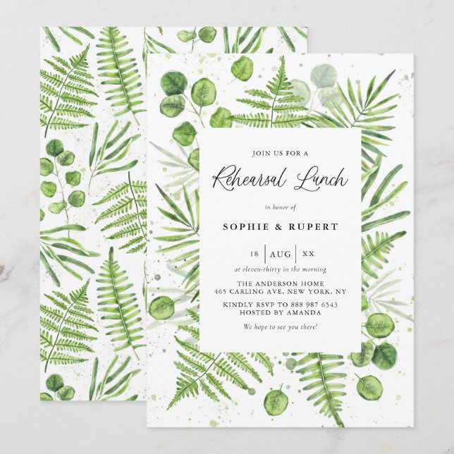Invitation Aquarelle Ferns & Eucalyptus Déjeuner de répétitio (Devant / Derrière)