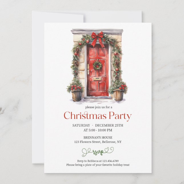 Invitation Aquarelle festive porte rouge rustique courroie ro (Devant)