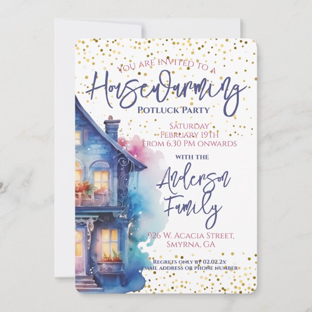 Invitation Aquarelle Fête de réchauffement domestique (Devant)