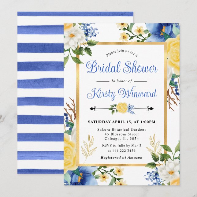 Invitation Aquarelle Fête des mariées bleu et jaune (Devant / Derrière)