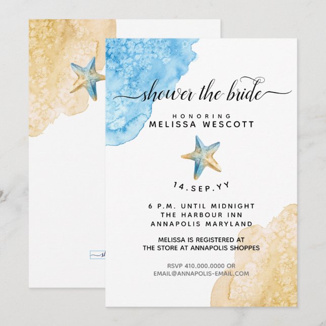 Invitation Aquarelle Fête des mariées de plage côtière de Sta (Devant / Derrière)