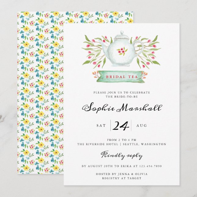 Invitation Aquarelle Fête des mariées de théière Florale (Devant / Derrière)