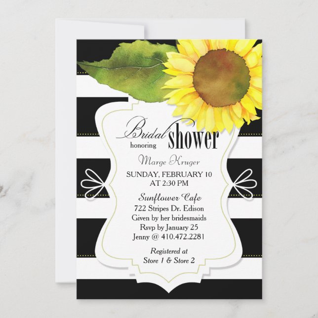 Invitation Aquarelle Fête des mariées de tournesol et rayures (Devant)