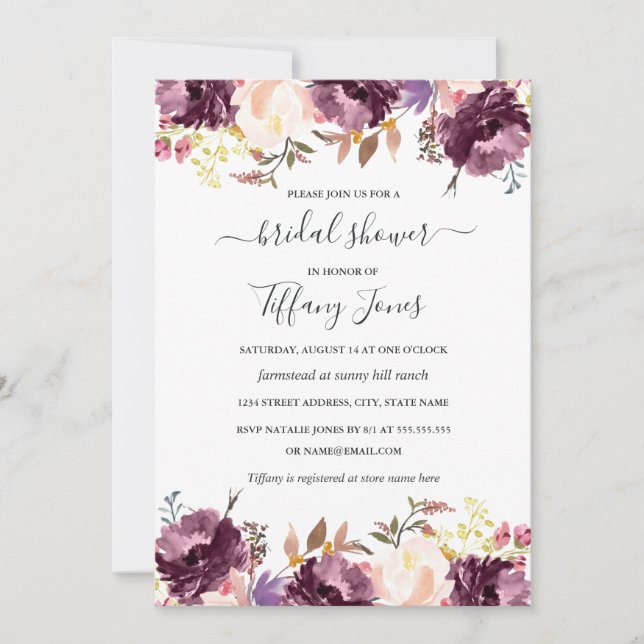 Invitation Aquarelle Fête des mariées en fleurs violettes (Devant)