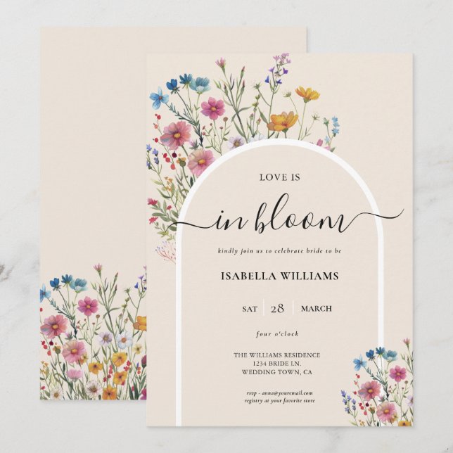 Invitation Aquarelle Fête des mariées Fleur sauvage moderne (Devant / Derrière)