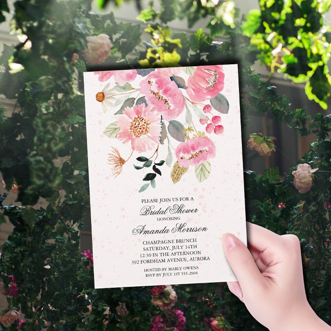 Invitation Aquarelle Fête des mariées Fleurs du Jardin (Pink garden flowers bridal shower invitations)