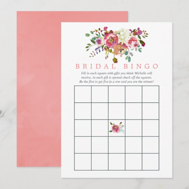 Invitation Aquarelle Fête des mariées florale Bingo (Devant / Derrière)