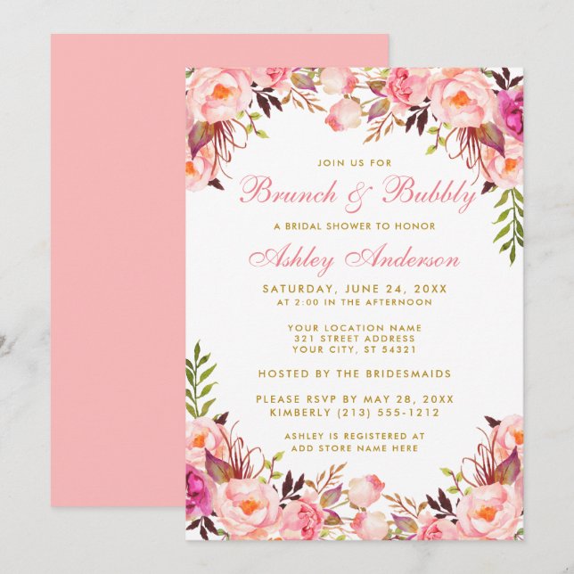 Invitation Aquarelle Fête des mariées Florale Brunch Or rose (Devant / Derrière)