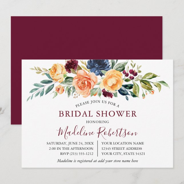 Invitation Aquarelle Fête des mariées florale mixte Bourgogne (Devant / Derrière)