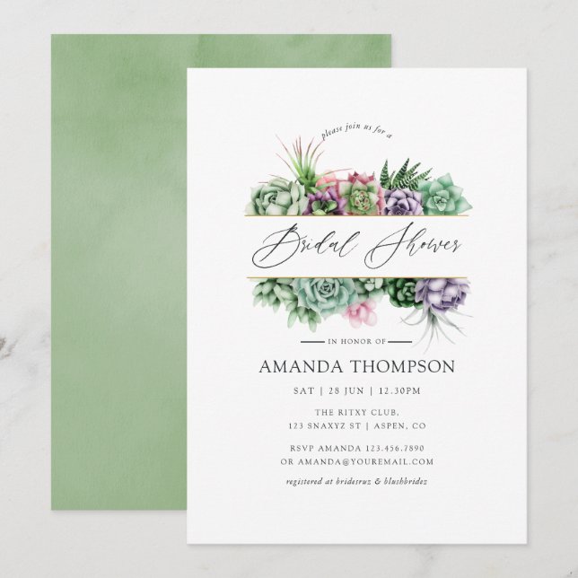 Invitation Aquarelle Fête des mariées géométrique Succulente (Devant / Derrière)