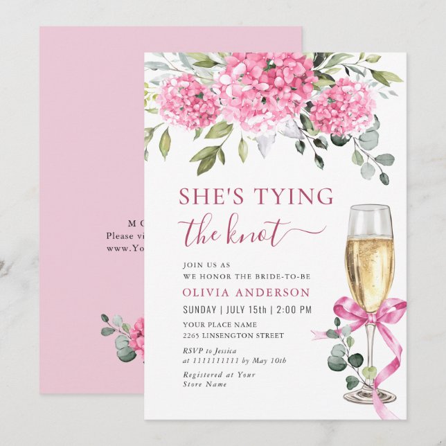 Invitation Aquarelle Fête des mariées Hydrangea rose (Devant / Derrière)