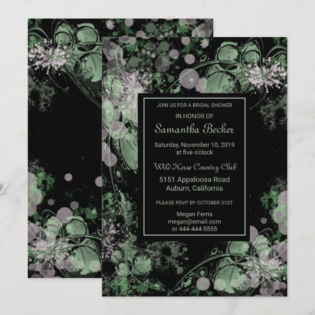Invitation Aquarelle Fête des mariées végétale verte et rose (Devant / Derrière)