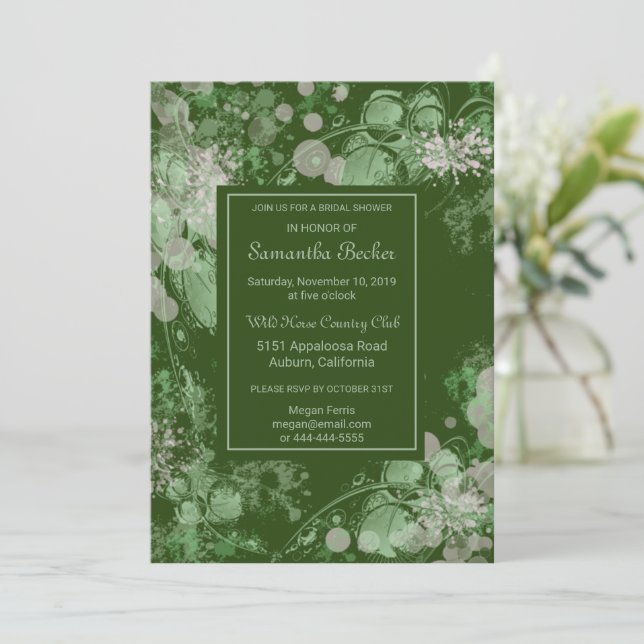 Invitation Aquarelle Fête des mariées végétale verte et rose (Debout devant)