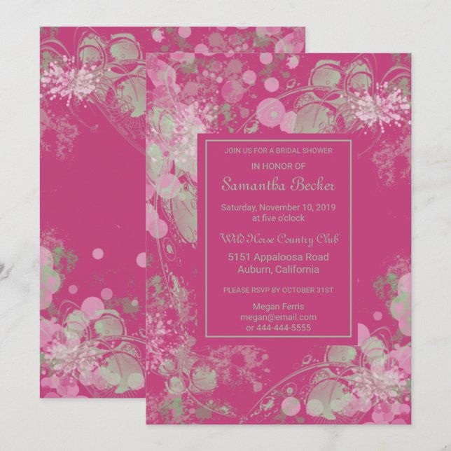 Invitation Aquarelle Fête des mariées végétale verte et rose (Devant / Derrière)