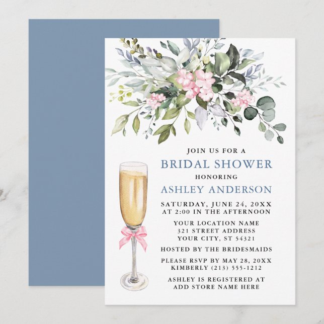 Invitation Aquarelle Fête des mariées vert Dusty bleu rose (Devant / Derrière)