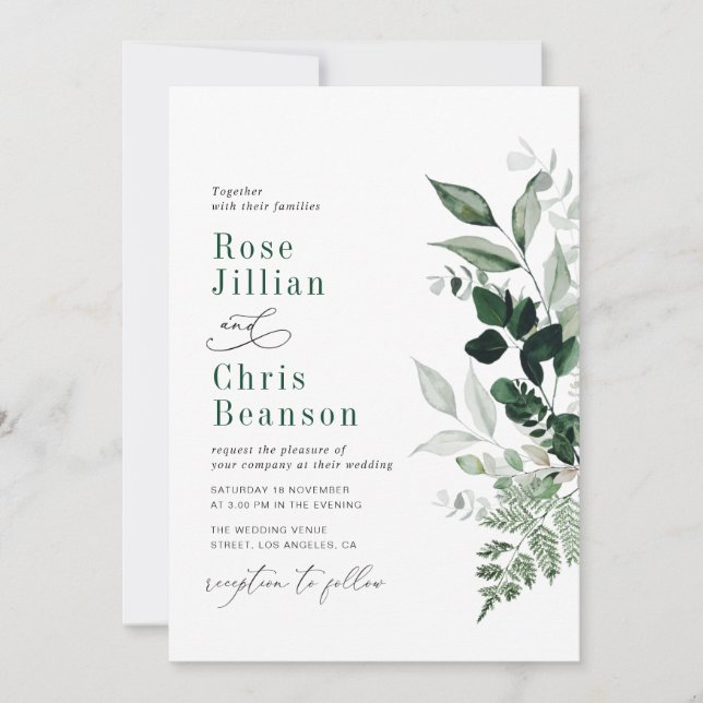 Invitation Aquarelle feuillage Emerald Green Wedding (Devant)