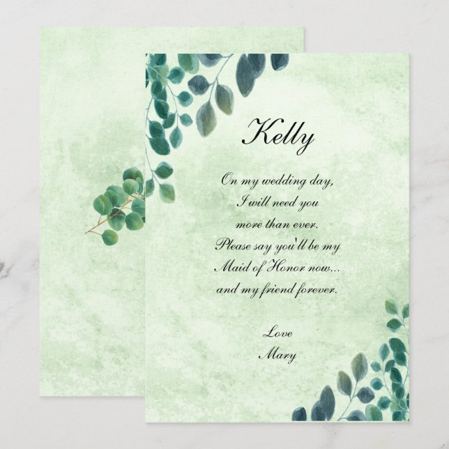 Invitation Aquarelle Feuillage Eucalyptus Demoiselle d'Honneu (Devant / Derrière)