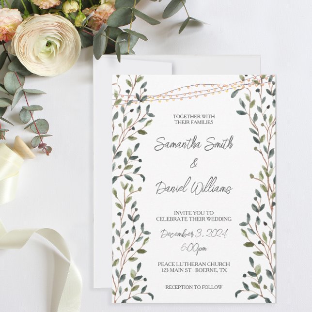 Invitation Aquarelle Feuille Mariage de verdure (Pretty greenery and fairy lights decorate these wedding invitations.)