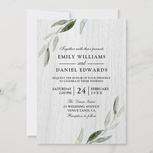 Invitation Aquarelle Feuille verte Blanc Rustique Mariage Inv (Devant)