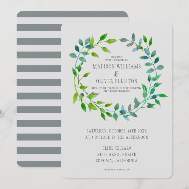 Invitation Aquarelle Feuille verte | MARIAGE (Devant / Derrière)