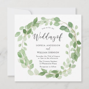Invitation Aquarelle Feuille verte Wreath Mariage élégant