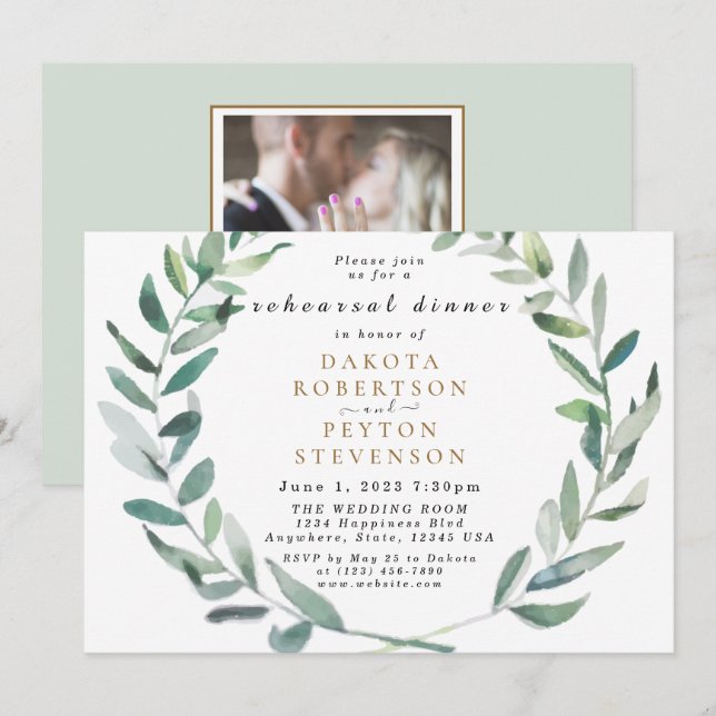 Invitation Aquarelle Feuilles 06 Dîner de répétition Invitati (Devant / Derrière)