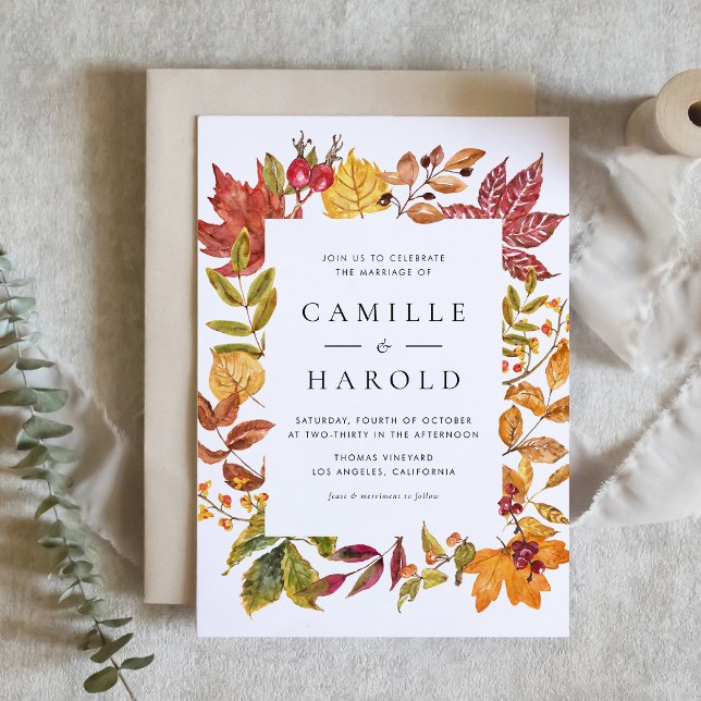 Invitation Aquarelle Feuilles d'automne Mariage de automne de (Customizable Autumn Wedding Invitation with Watercolor Fall Foliage Frame)