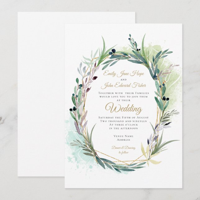 Invitation Aquarelle Feuilles en direct Wreath Mariage géomét (Devant / Derrière)