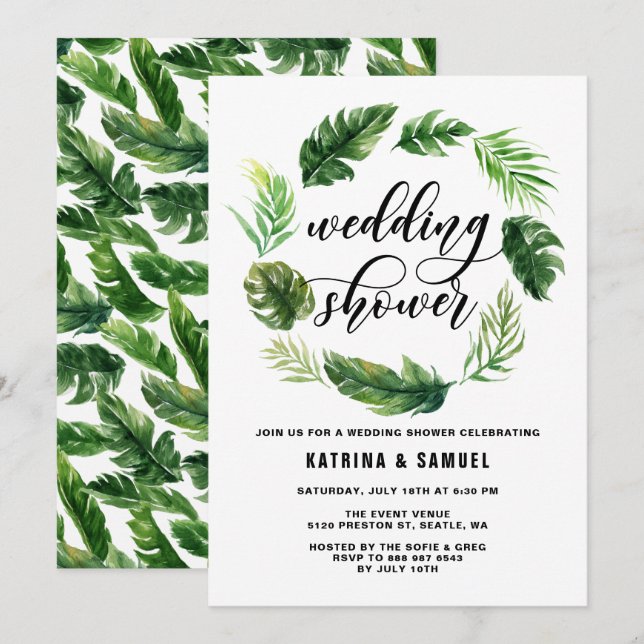 Invitation Aquarelle Feuilles tropicaux Wedding shower de cou (Devant / Derrière)
