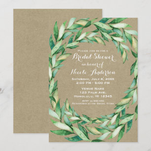 Invitation Aquarelle Feuilles Vertes Mariage Rustique Kraft