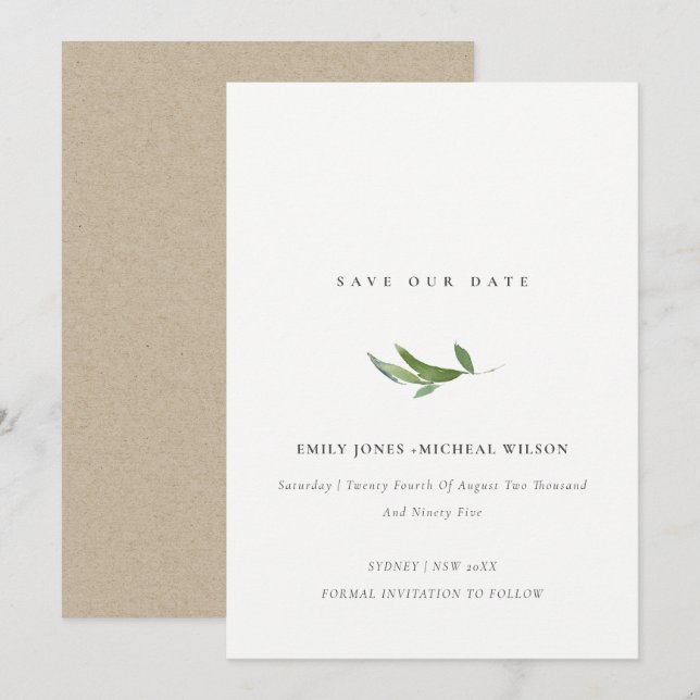 Invitation Aquarelle feuillue minimale Économisez Notre Date (Devant / Derrière)