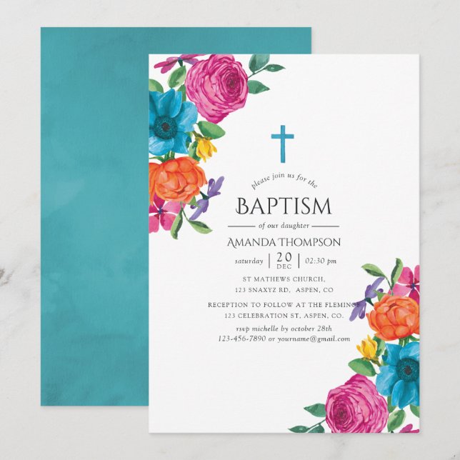 Invitation Aquarelle Fiesta florale Baptême (Devant / Derrière)