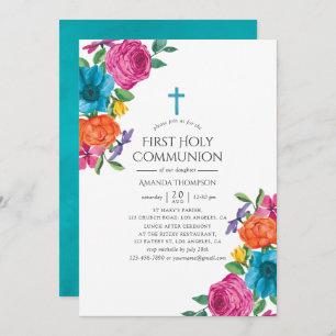 Invitation Aquarelle Fiesta Florale Première communion sainte