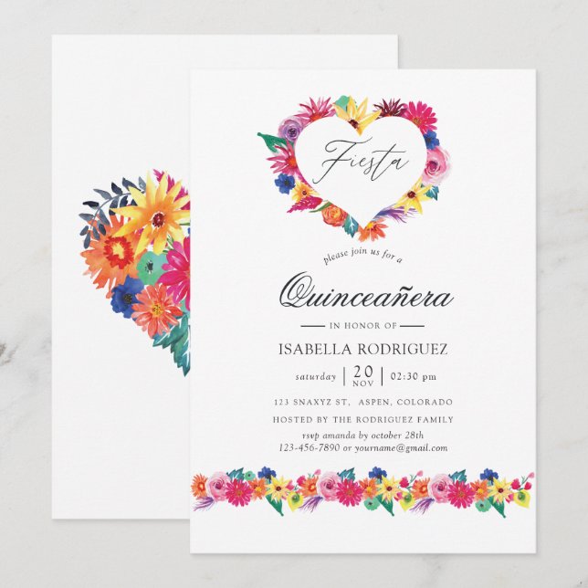 Invitation Aquarelle Fiesta Quinceañera (Devant / Derrière)