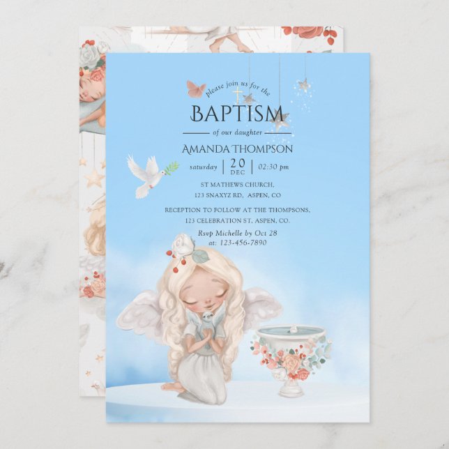 Invitation Aquarelle fille Angel Baptême (Devant / Derrière)