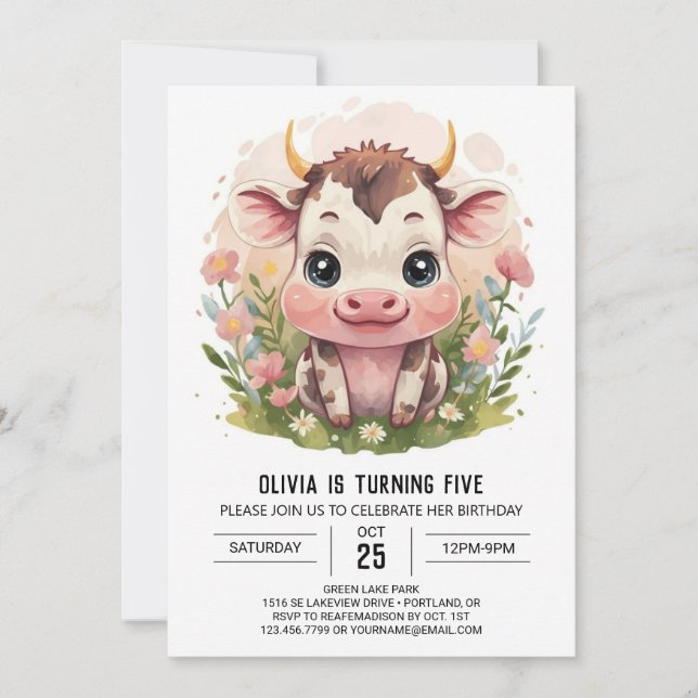 Invitation Aquarelle fille jolie vache Anniversaire (Devant)