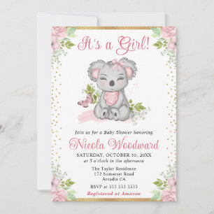 Invitation Aquarelle Fille Koala Fleurie Mignonne Baby Shower