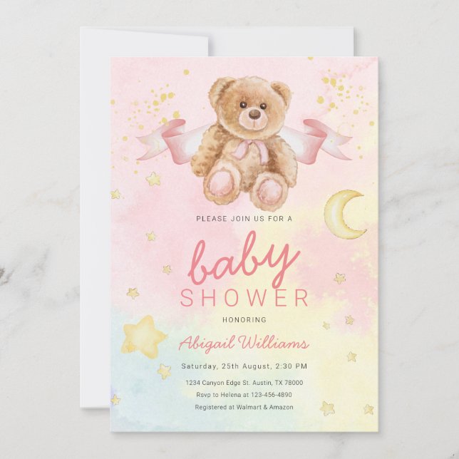Invitation Aquarelle fille ours avec lunes / étoiles baby sho (Devant)