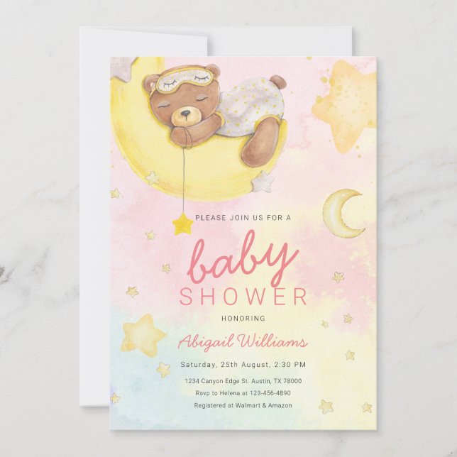 Invitation Aquarelle fille ours avec lunes / étoiles baby sho (Devant)