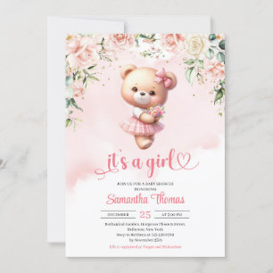 Invitation Aquarelle fille ours en peluche avec coeur et fleu