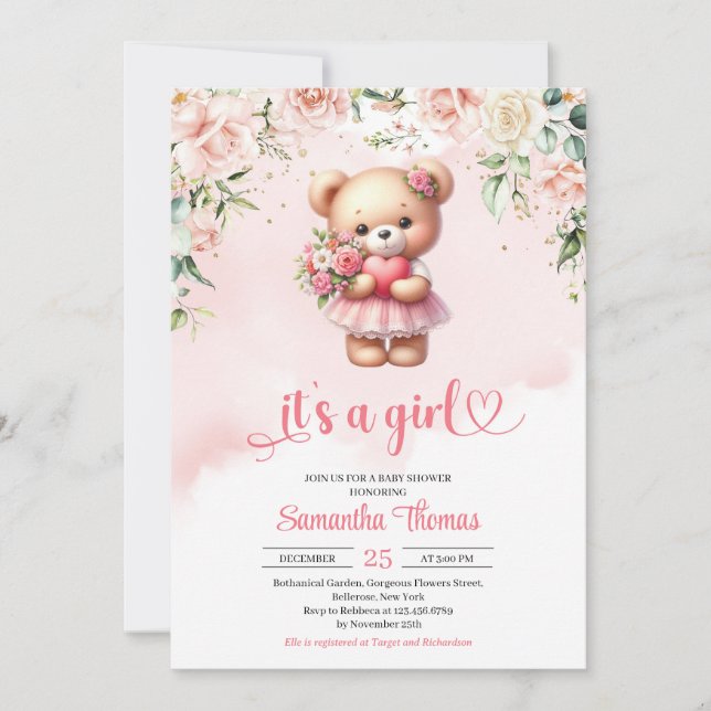 Invitation Aquarelle fille ours en peluche avec coeur et fleu (Devant)