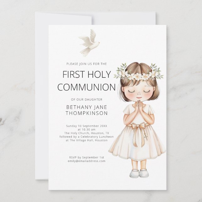Invitation Aquarelle fille première sainte communion blanc (Devant)