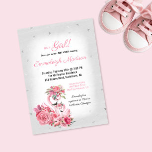 Invitation Aquarelle Flamant rose Ballerina Baby shower argen