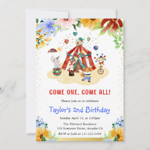 Invitation Aquarelle Fleur Cute Animaux de Cirque Anniversair