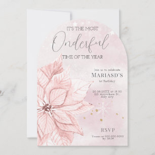 Invitation aquarelle Fleur de Noël rose 1er anniversaire