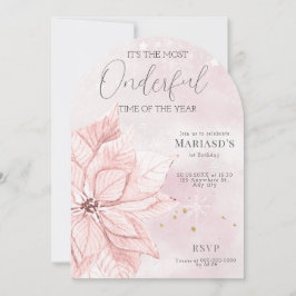 Invitation aquarelle Fleur de Noël rose 1er anniversaire