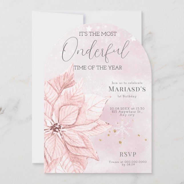 Invitation aquarelle Fleur de Noël rose 1er anniversaire (Devant)
