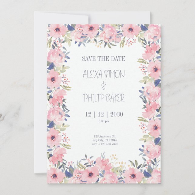 Invitation Aquarelle Fleur Mariage (Devant)