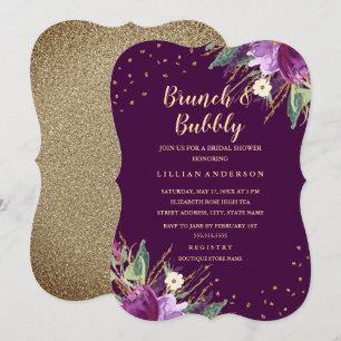 Invitation Aquarelle Fleur Pourpre Or Brunch et Bulles